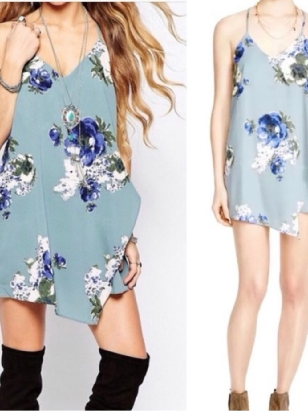 Free People Pale Blue Floral Slip Mini Dress